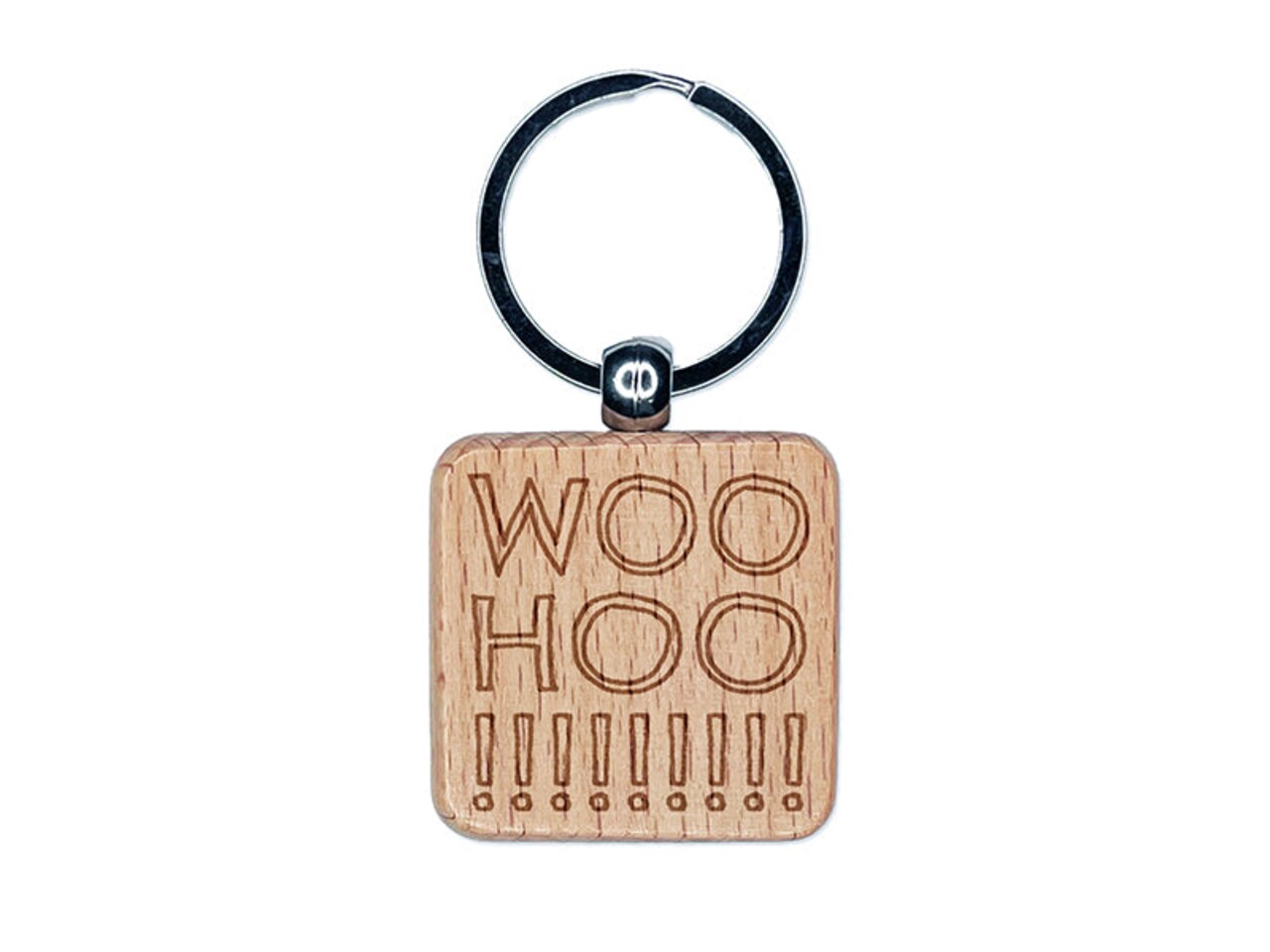 Woo Hoo Outline Fun Text Engraved Wood Square Keychain Tag Charm